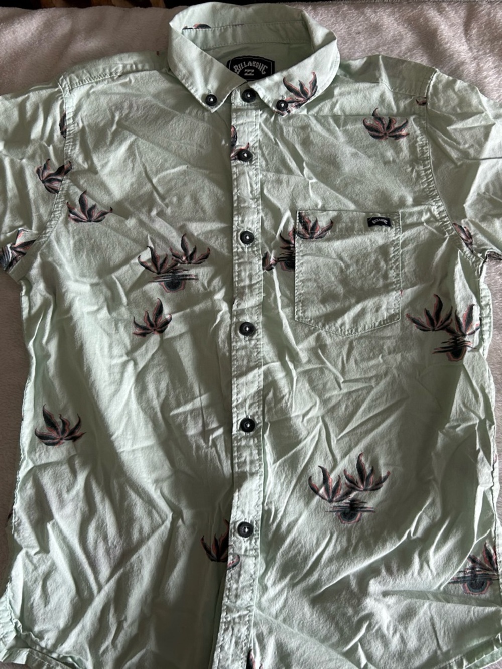 Billabong Mint Green Short-Sleeve Button-Up with Floral Print